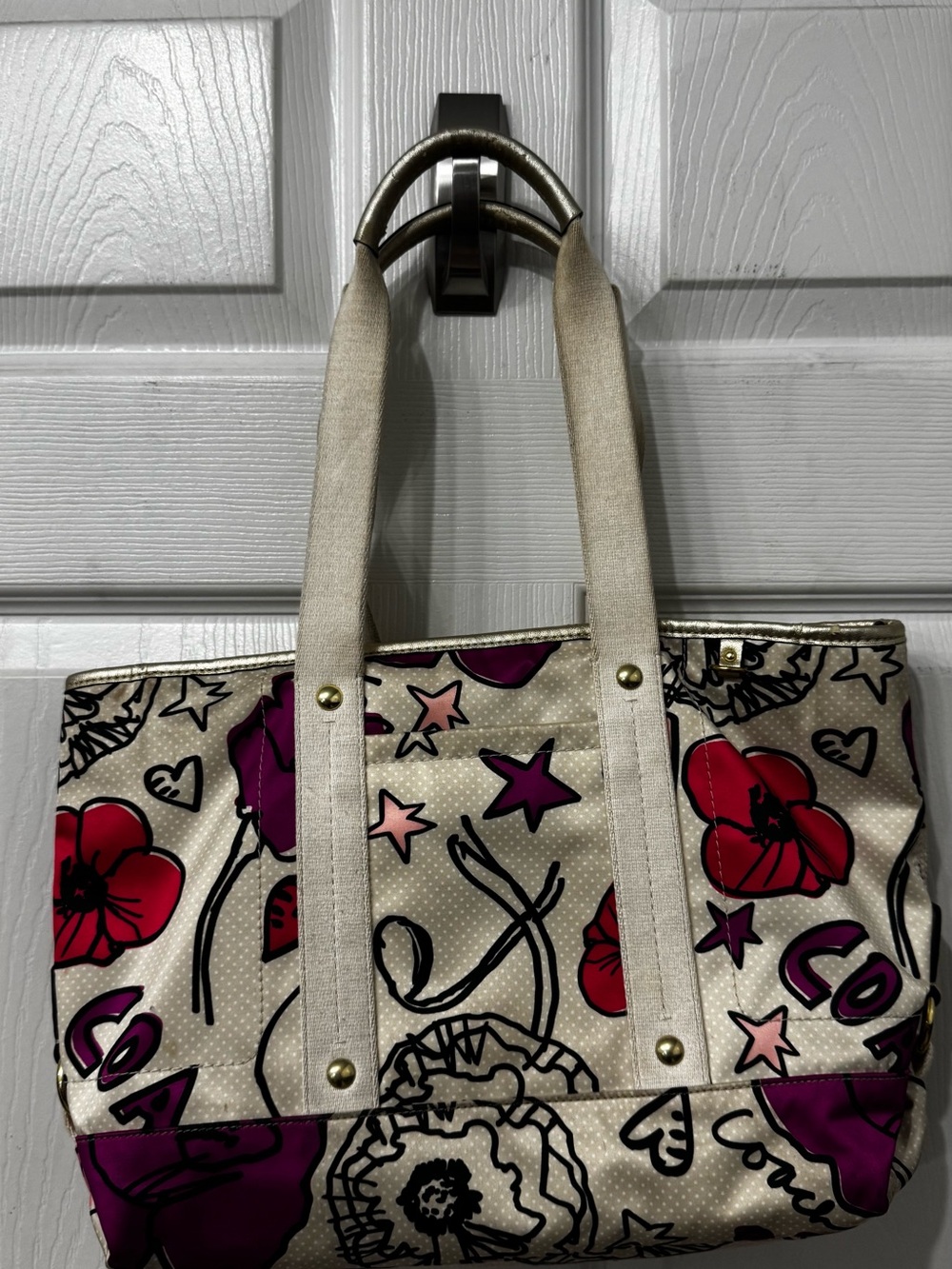 Coach Poppy Kyra Floral Print Tote Bag in Beige and Red